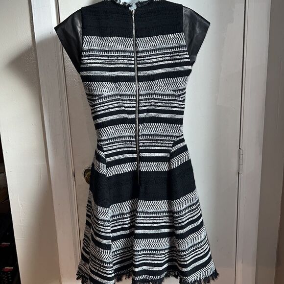 REBECCA TAYLOR  Leather-Sleeve Flared Tweed Dress-4 - Picture 5 of 10